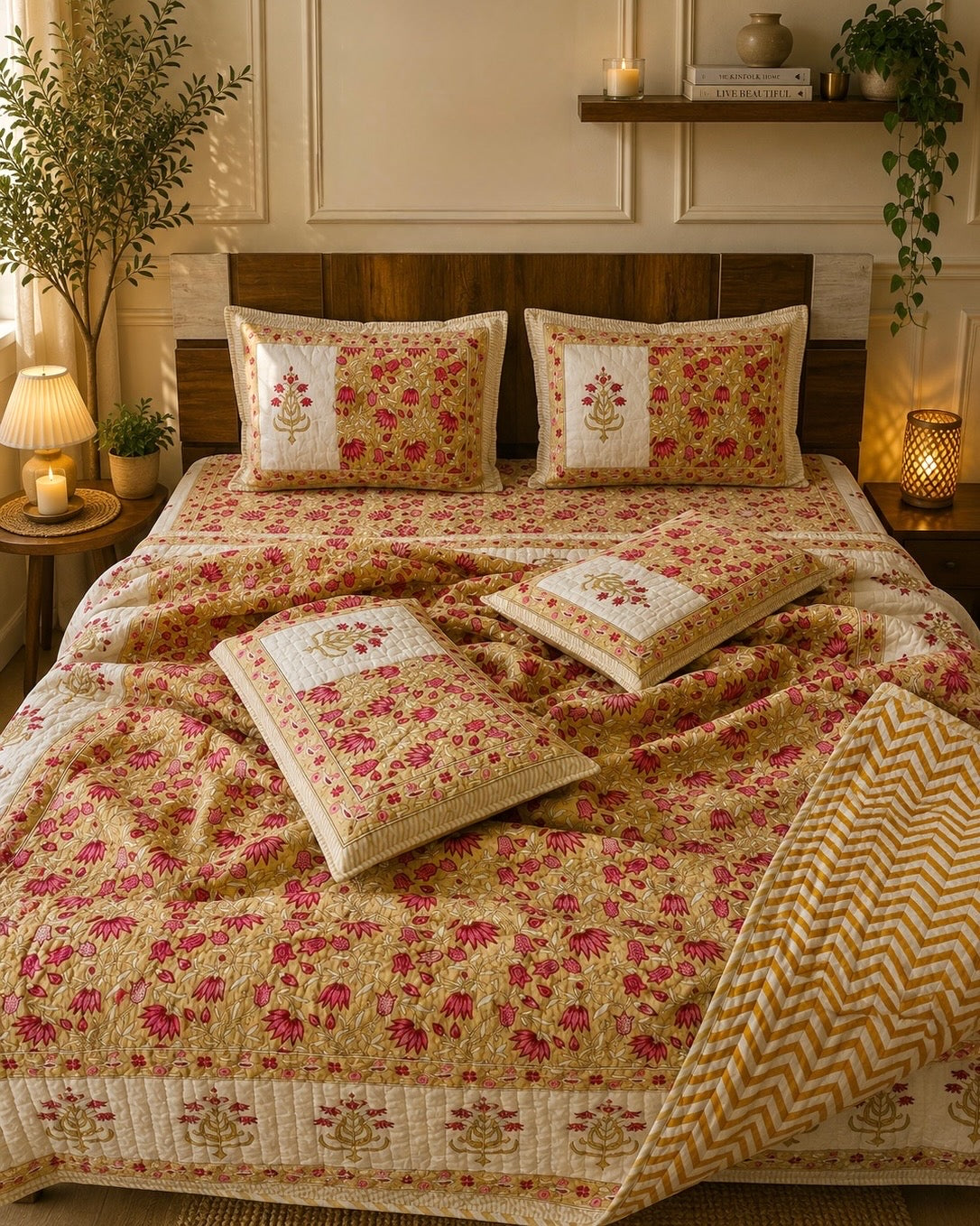 Pure cotton handblock printed king size 6 piece bedding set