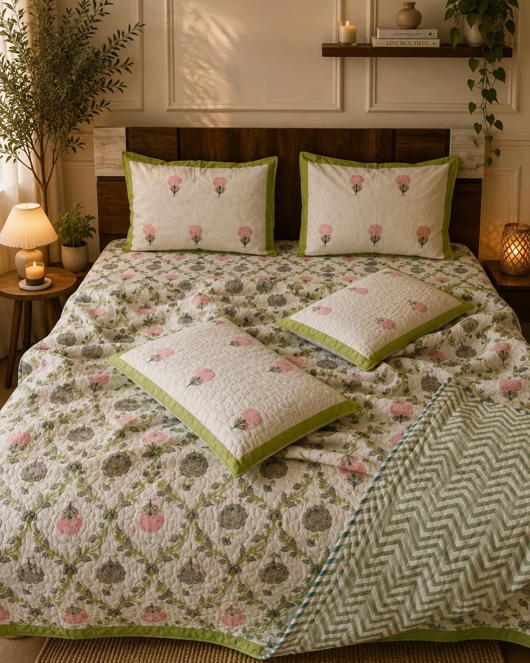 Pure cotton handblock printed king size 6 piece bedding set
