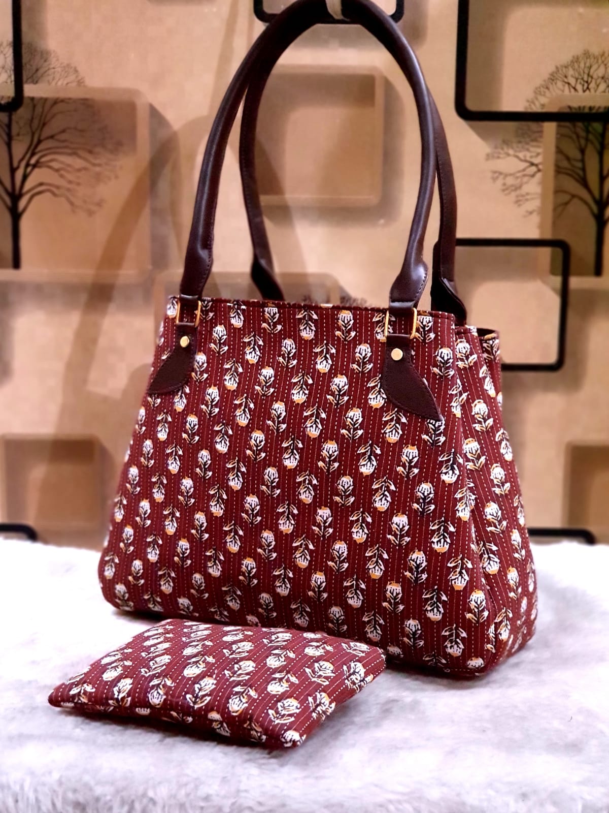 Hand Block Printed fabric handbags with money pouch