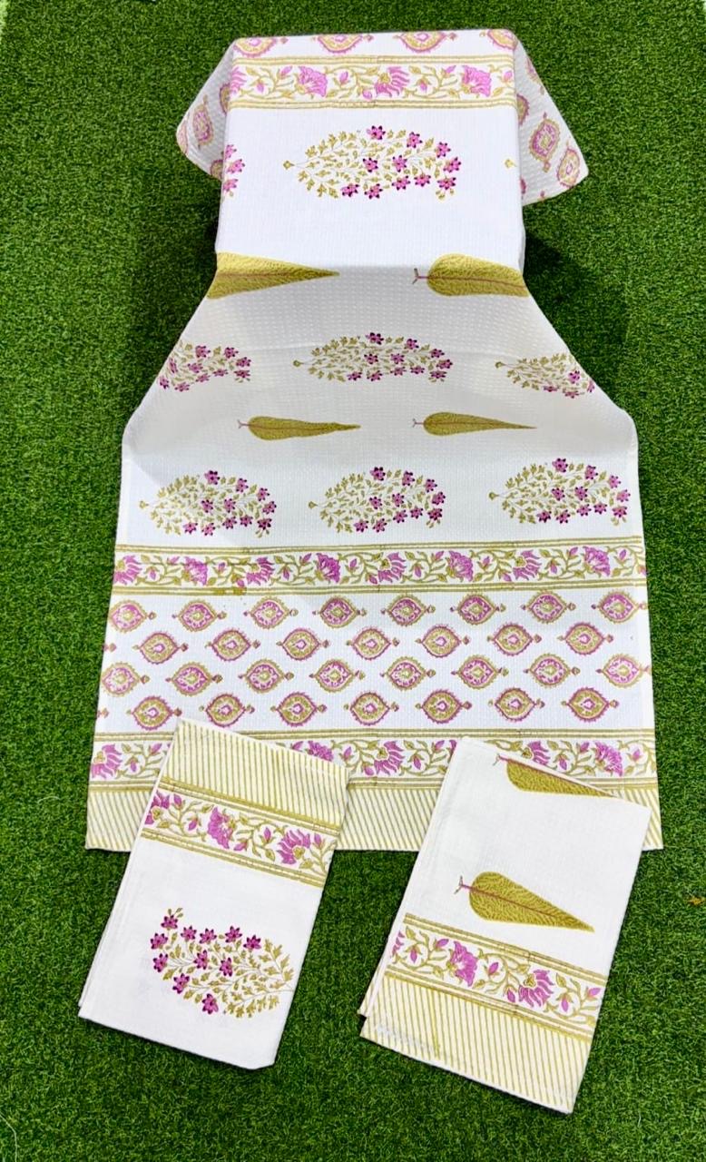 Pure cotton waffled textured hand-block printed bath combos (1 bath and 2 hand towels)