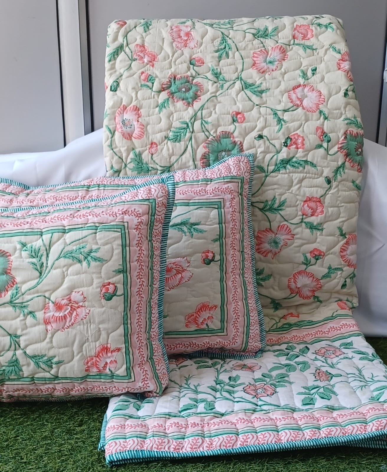 Pure cotton paani jaal quilted reversible double bedcovers with 2 quilted pillow covers (90x108 inches)