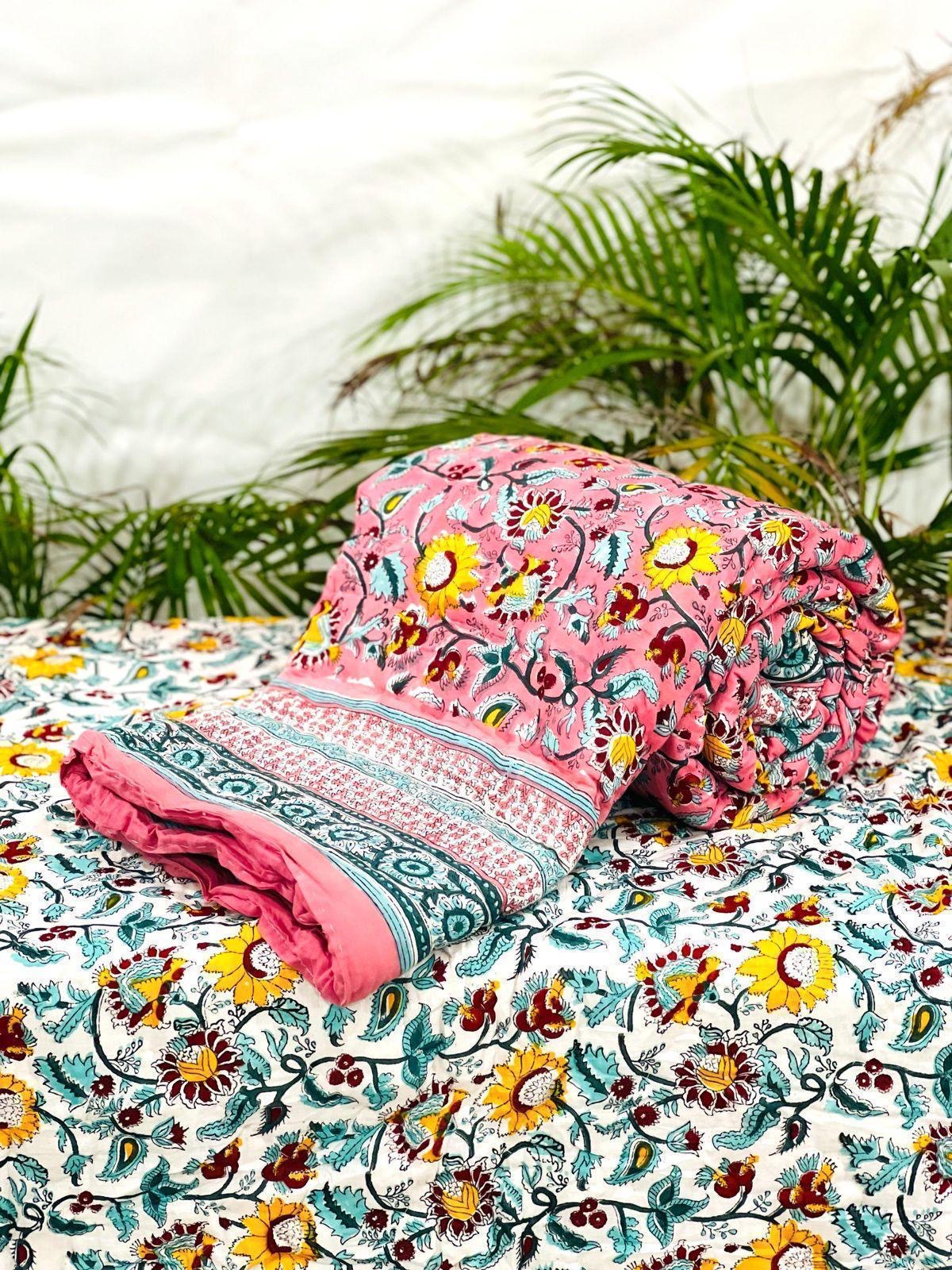 Pure mulmul cotton handblock printed single reversible quilt (razai 60x90 inches)