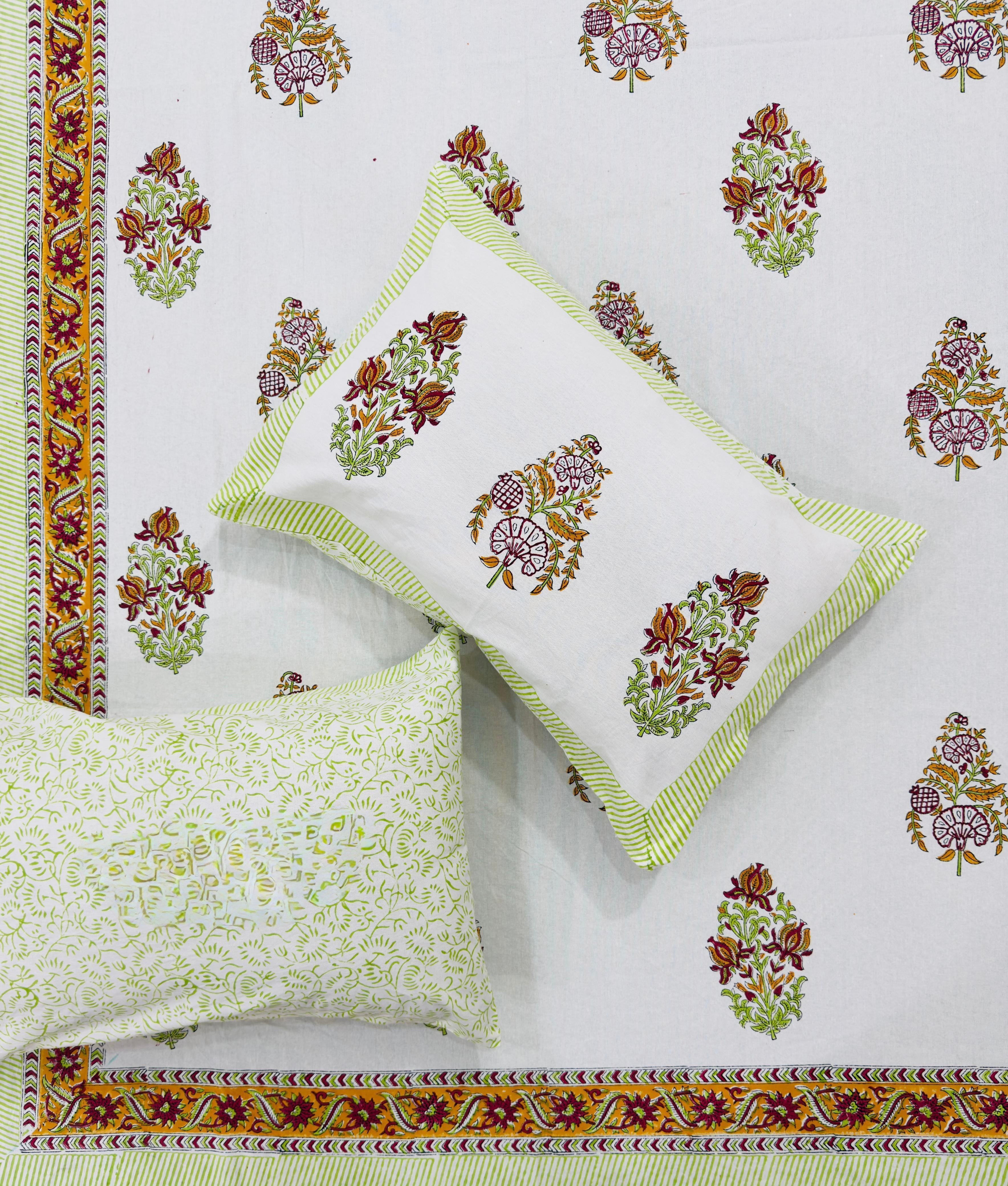 Pure cotton hand-block printed super king size double bedsheets with 2 pillow covers (108x108 inches)