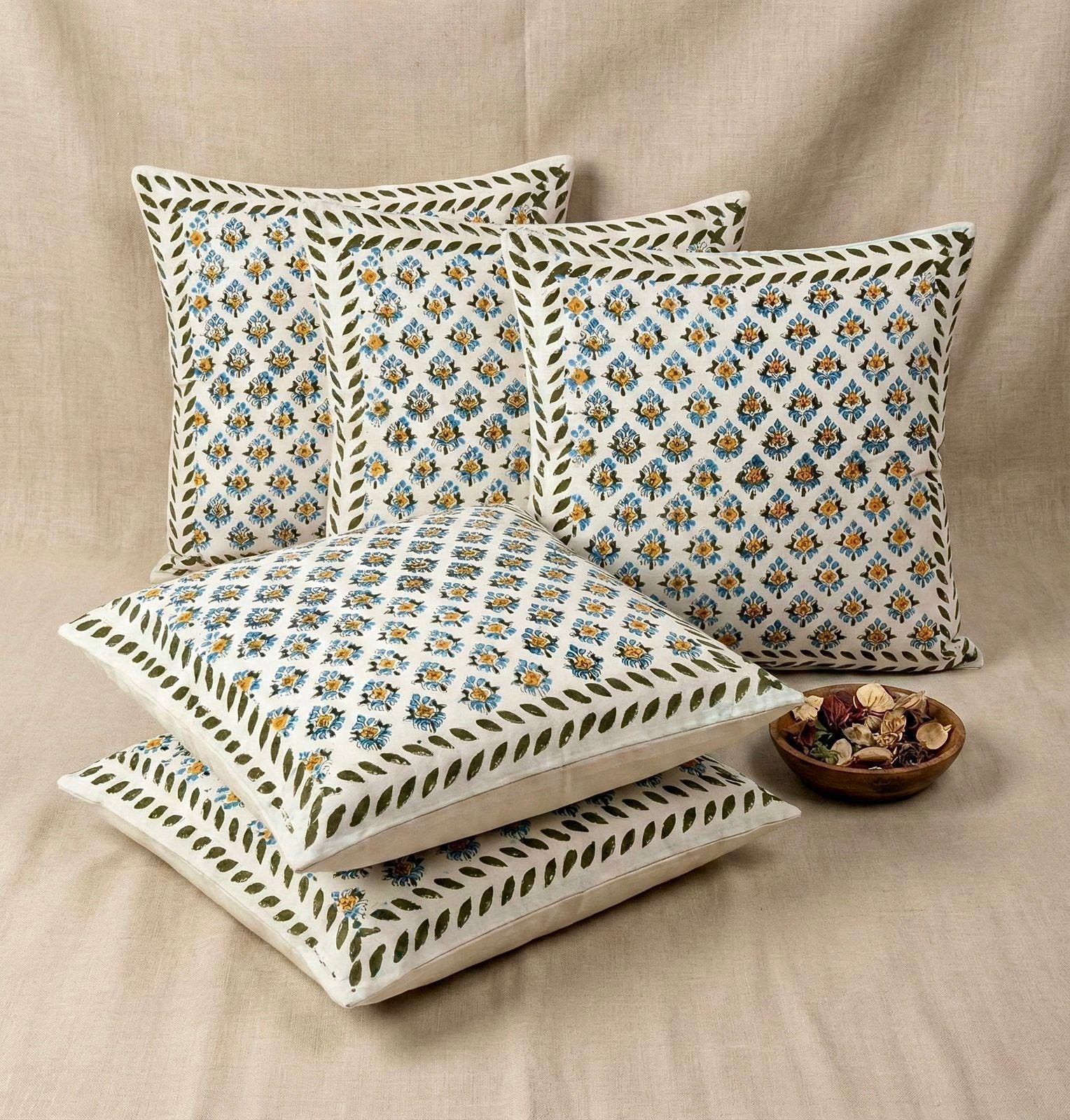 Pure cotton hand-block printed set of 5 cushion covers (16x16 inches)