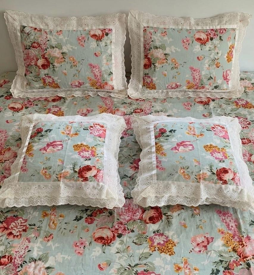 Pure cotton 5 piece bedding sets with 2 laced pillow covers and 2 laced cushion cover (108x108 inches)