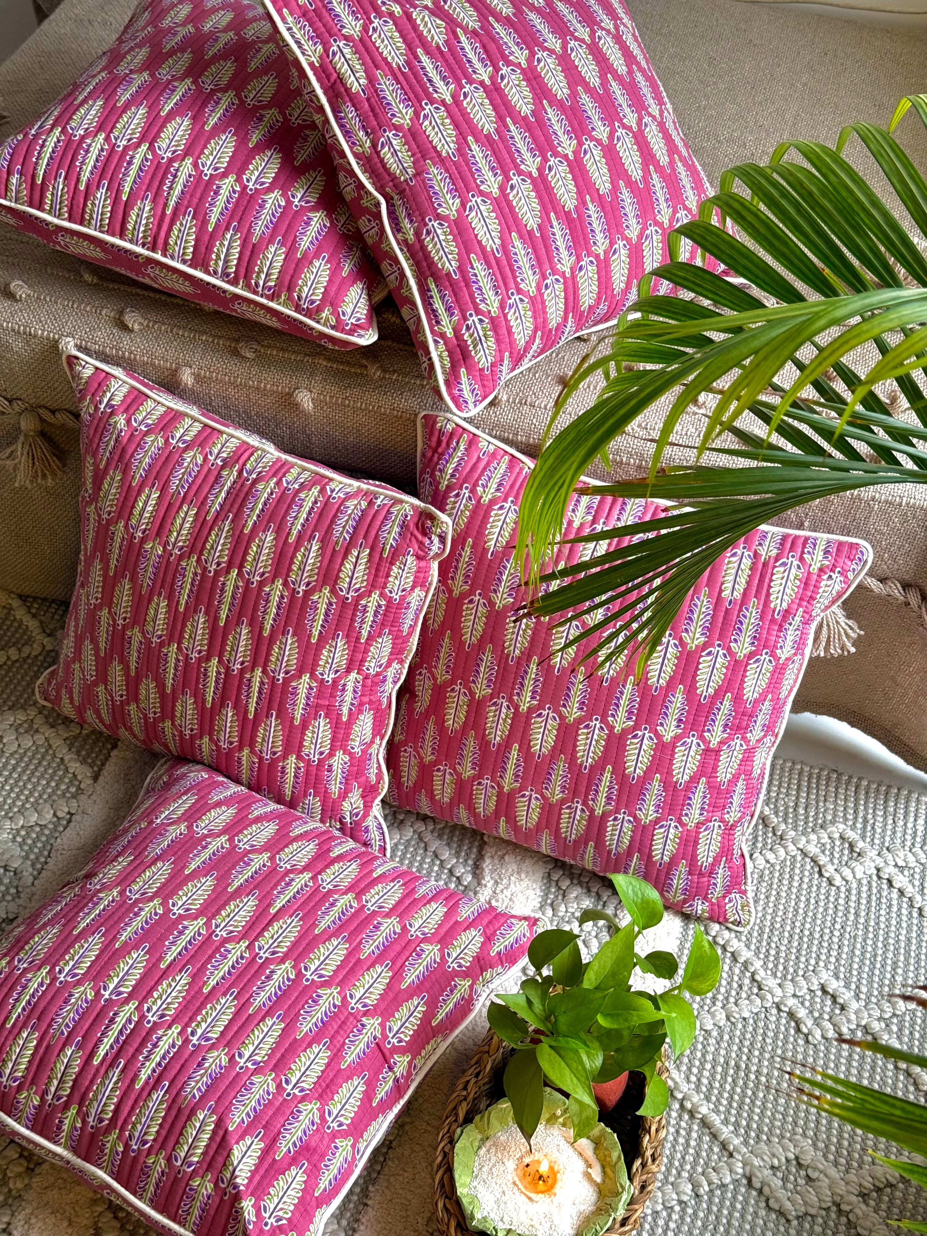 Pure cotton hand block printed quilted cushion covers 16x16 inches (Set of 5)