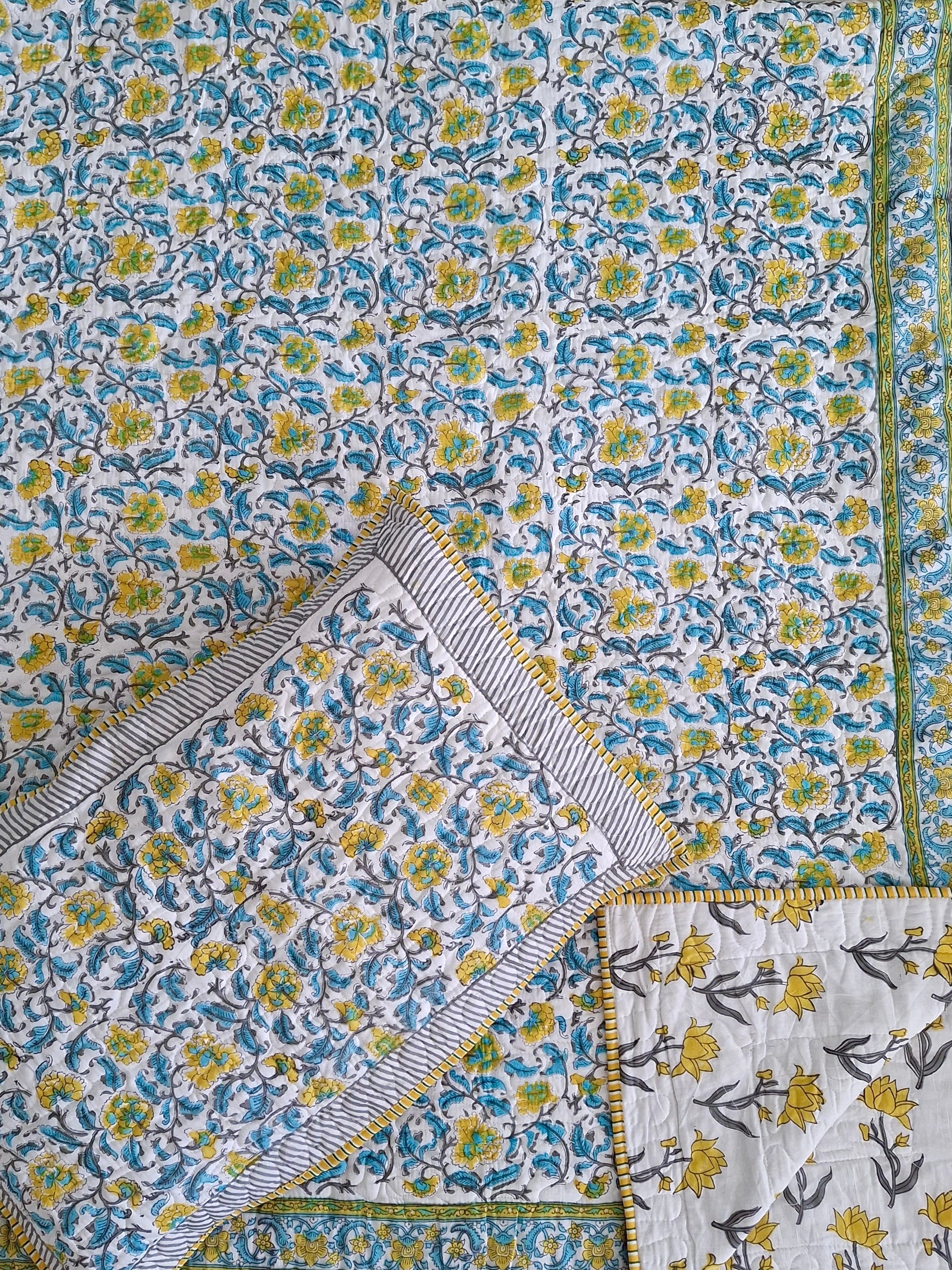 Pure mulmul cotton paani jaal quilted hand-block printed double bedcovers with 2 quilted pillow covers for king size beds (90x108 inches)