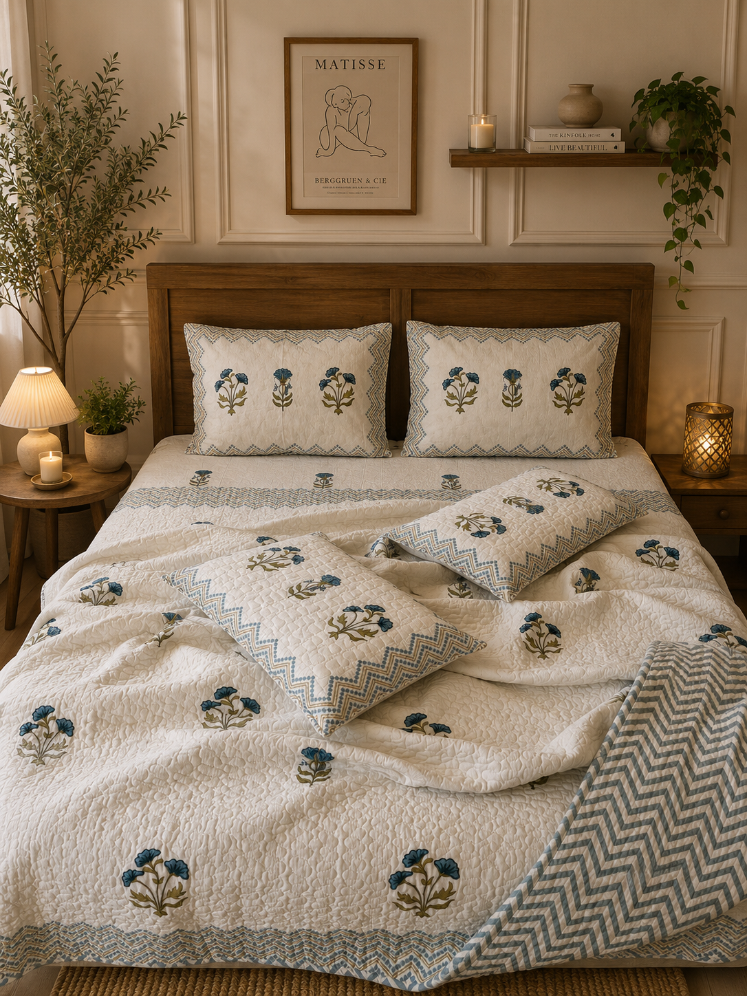 Pure cotton handblock printed king size 6 piece bedding set