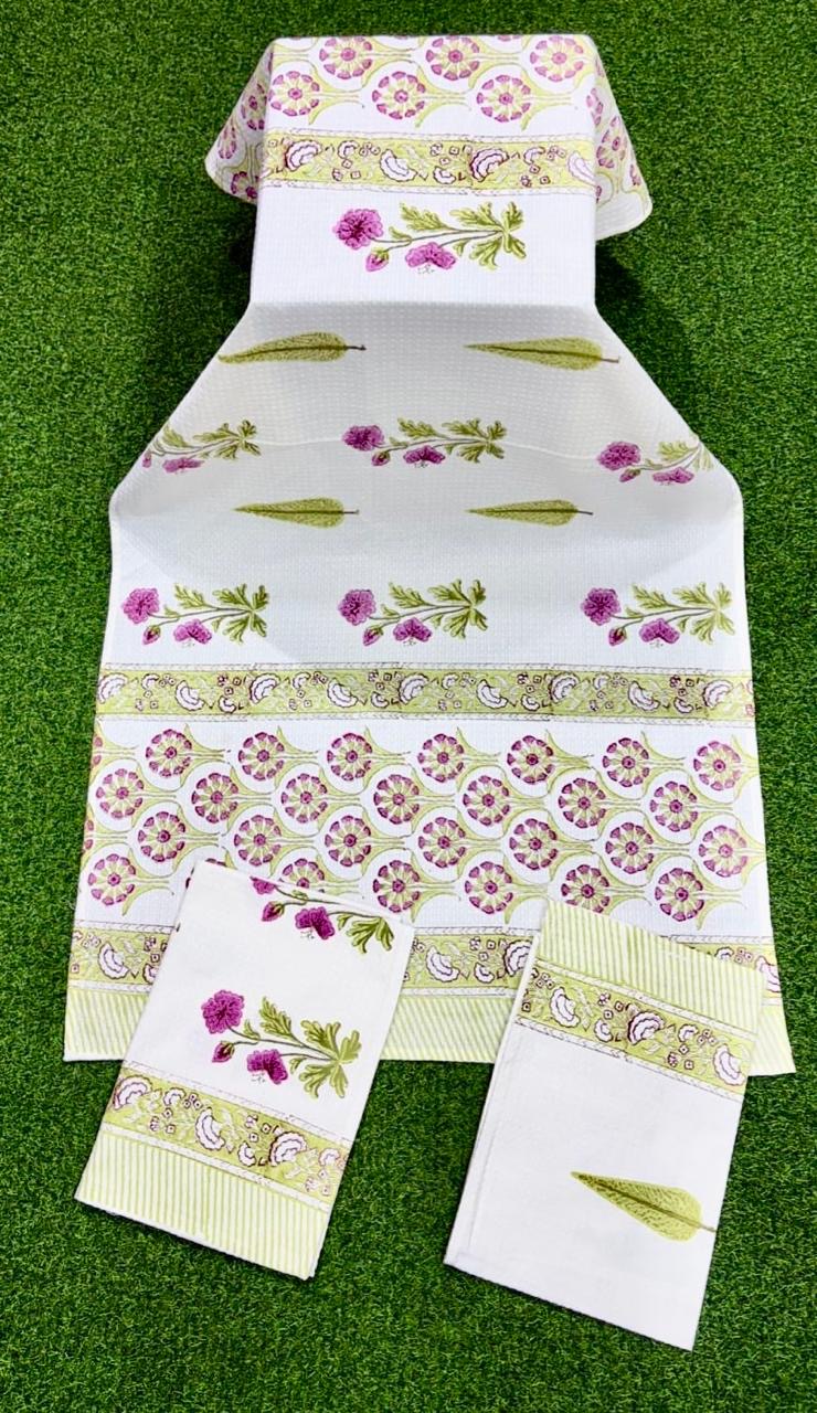 Pure cotton waffled textured hand-block printed bath combos (1 bath and 2 hand towels)