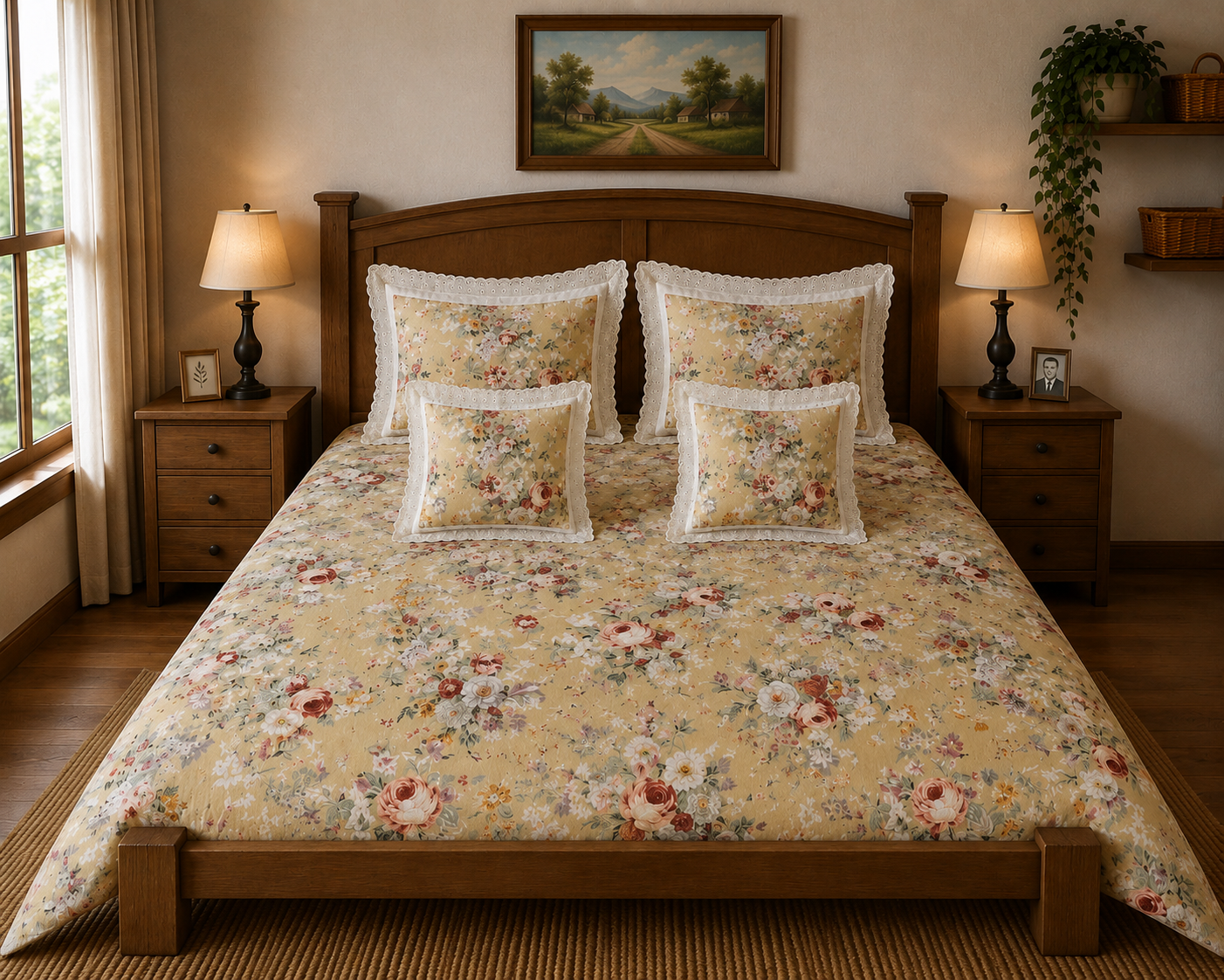 Pure cotton 5 piece bedding sets with 2 laced pillow covers and 2 laced cushion cover (108x108 inches)