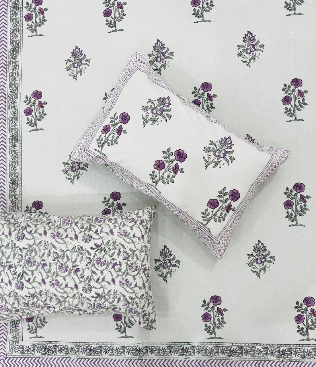 Pure cotton handblock printed king size bedsheet with 2 pillow covers (100x108 inches)