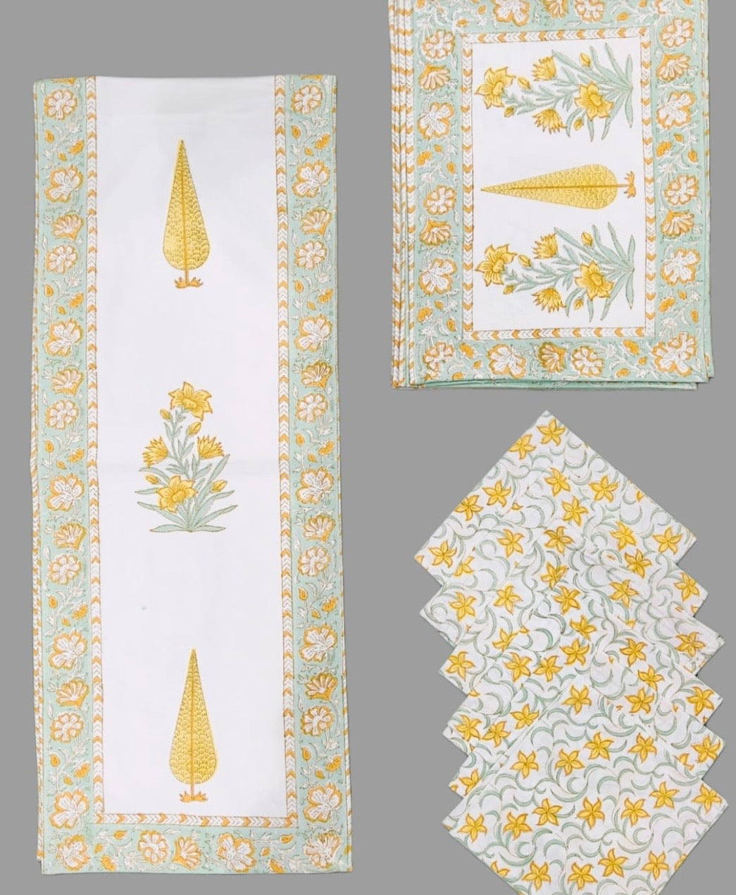 Pure cotton hand block printed placemats, runner and napkin combo for 6 seater dining table