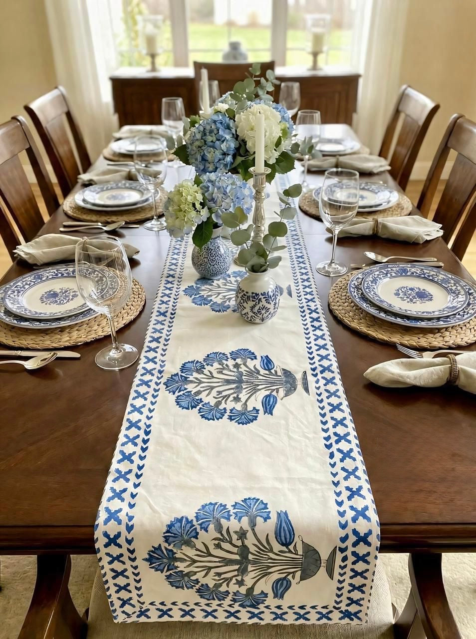 Pure canvas cotton handblock printed runners for 4 and 6 seater dining tables