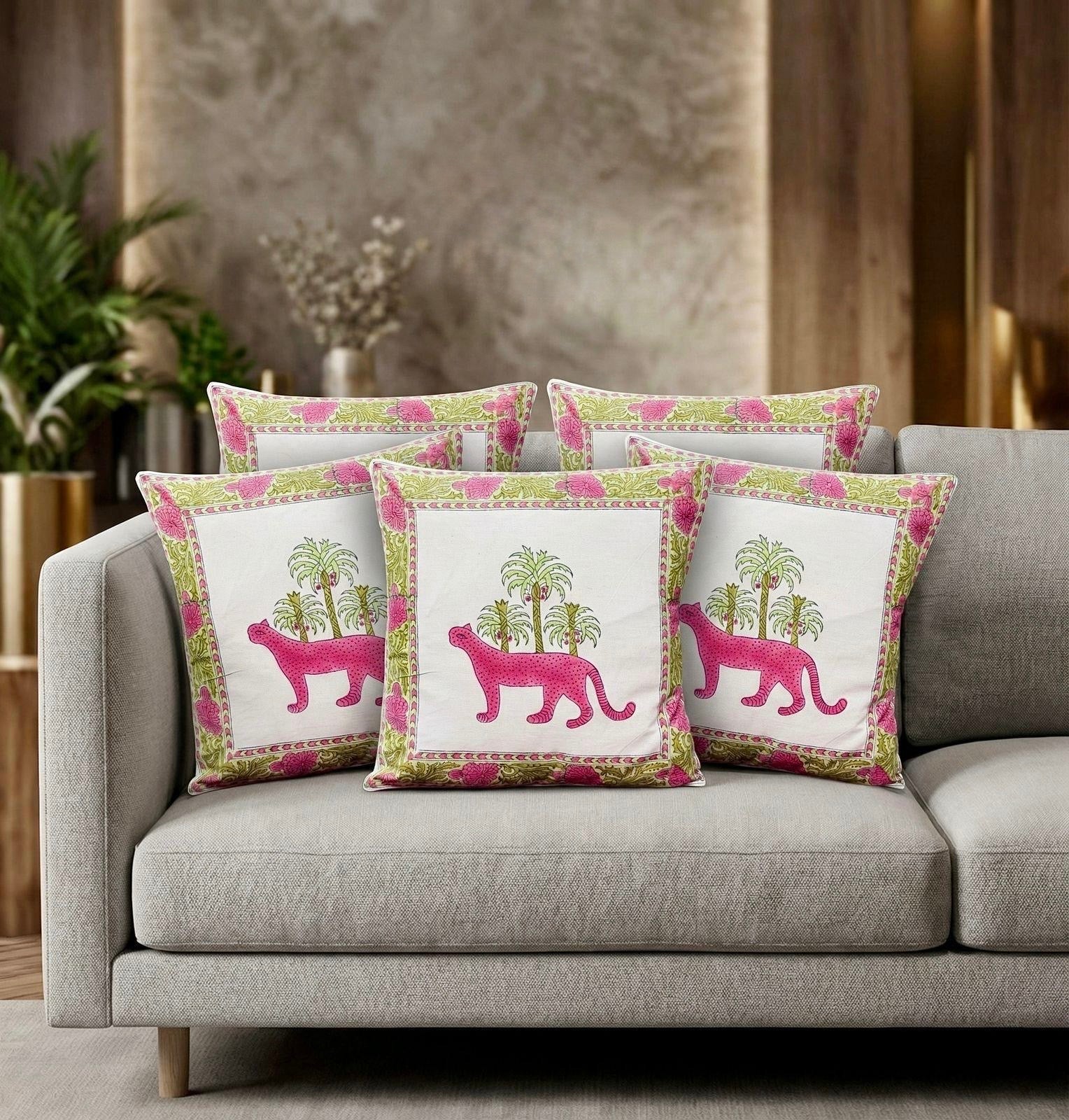 Pure cotton hand-block printed set of 5 cushion covers (16x16 inches)