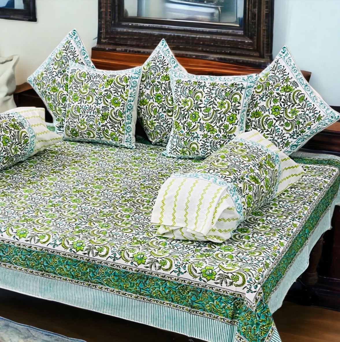 Pure cotton hand block printed 8 piece traditional diwan set (70x100 inches)