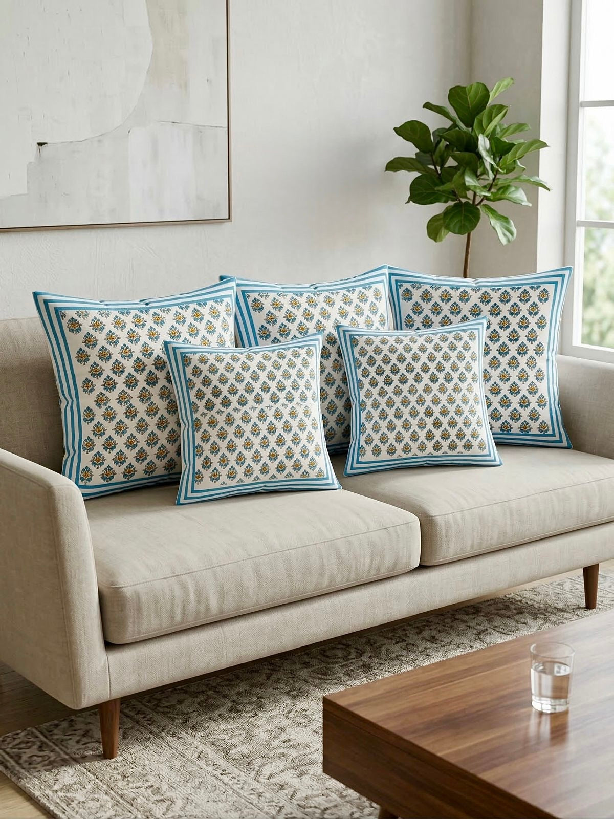 Pure cotton hand-block printed set of 5 cushion covers (16x16 inches)