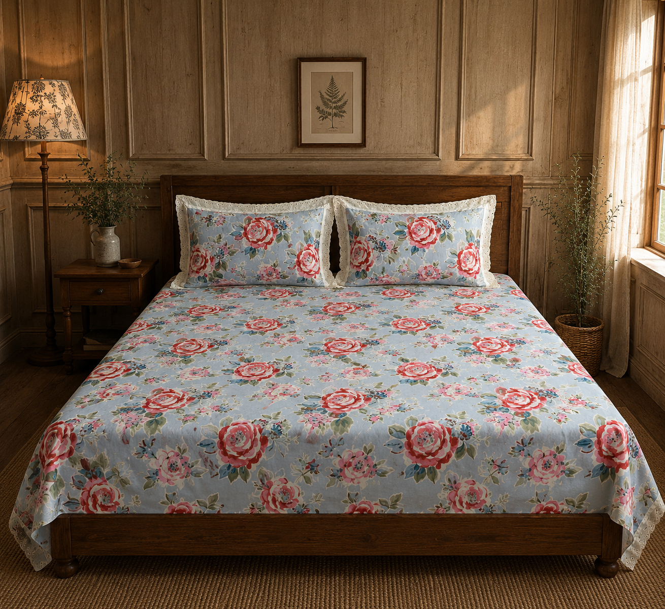 Pure cotton super king size bedsheets with 2 laced pillow covers (108x108 inches/9x9 feet)