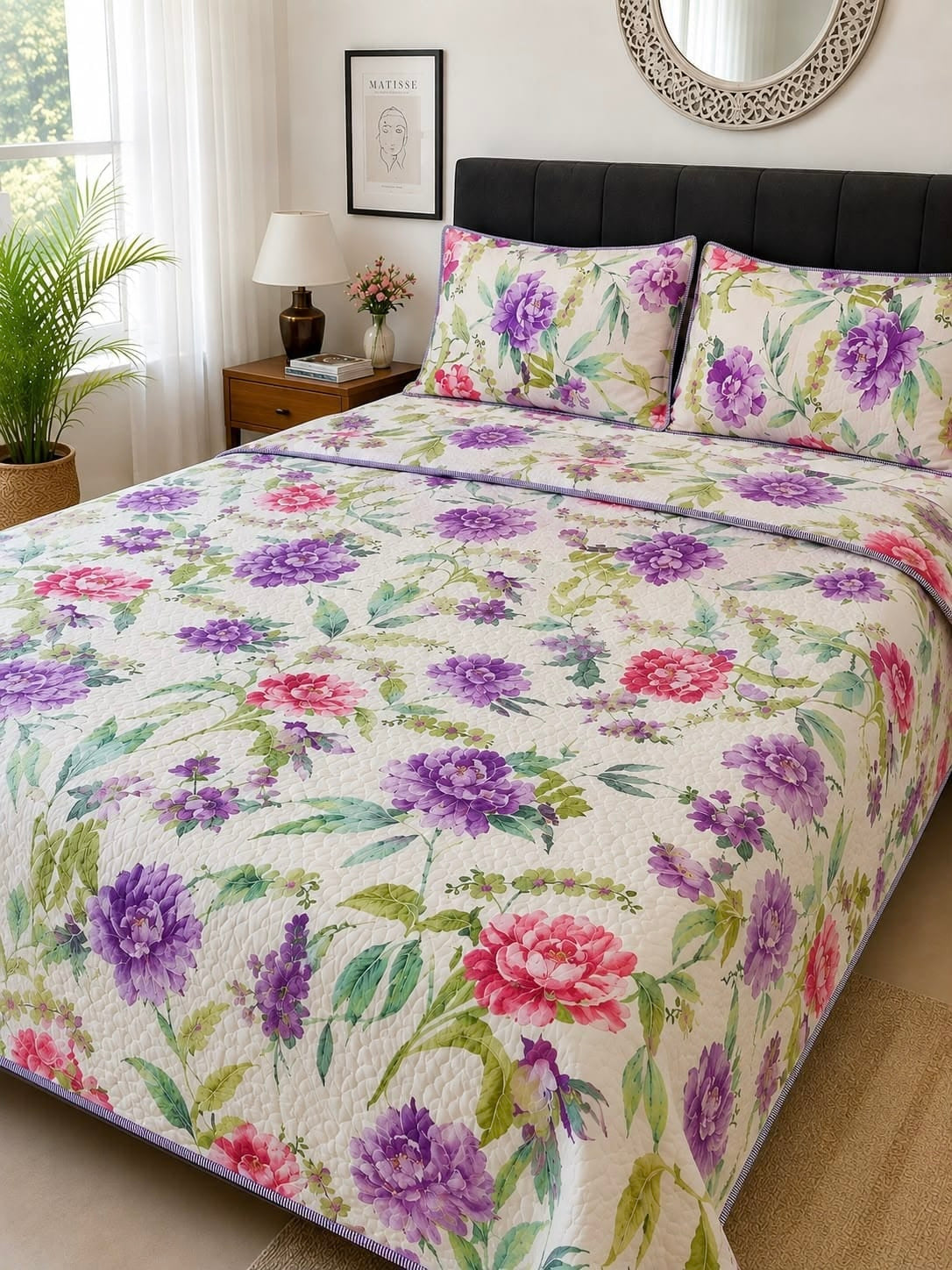 Pure cotton paani jaal quilted printed double bedcovers (90x108 inches)