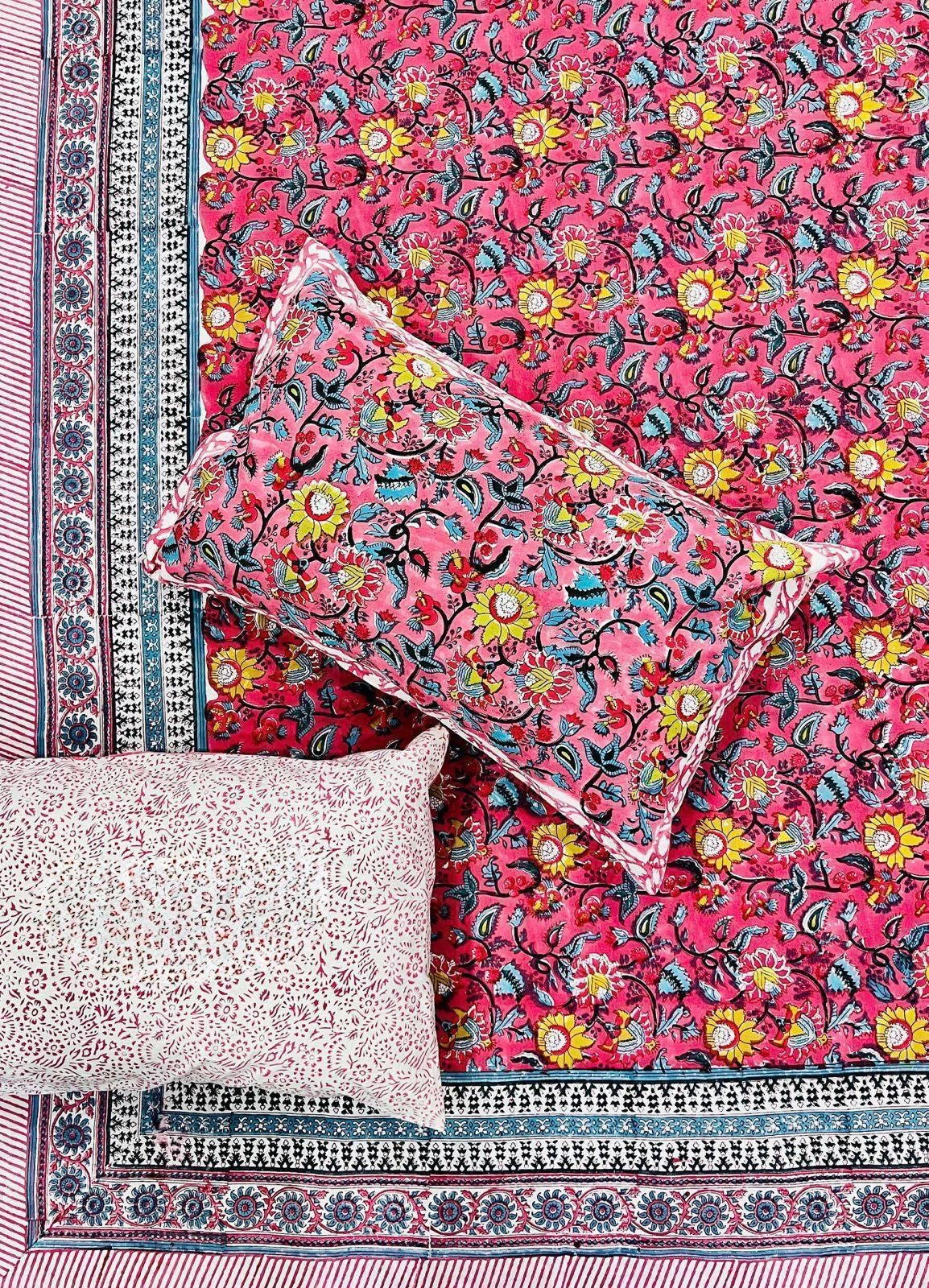 Pure cotton hand-block printed super king size double bedsheets with 2 pillow covers (108x108 inches)