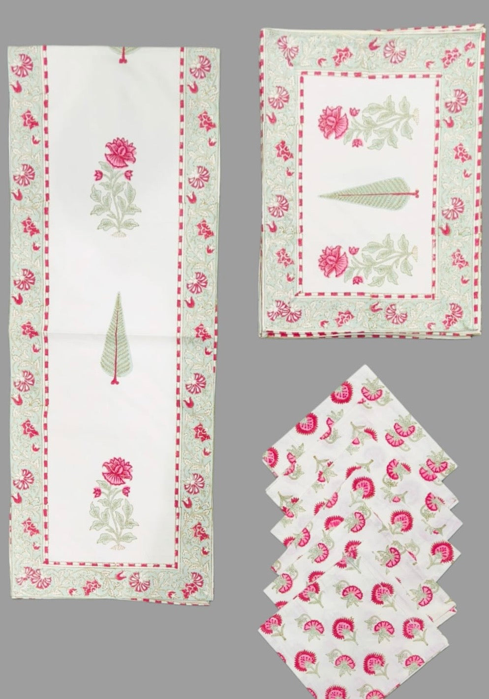 Pure cotton hand block printed placemats, runner and napkin combo for 6 seater dining table