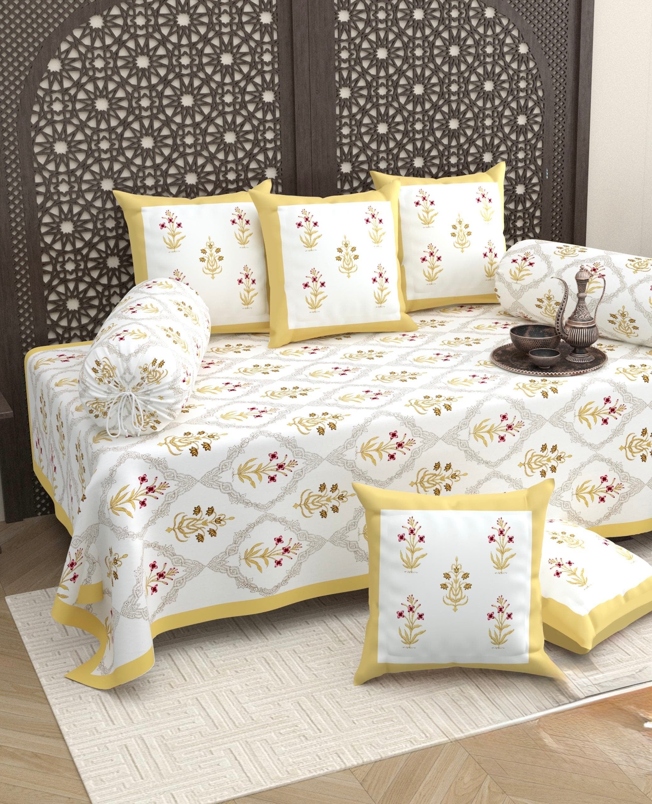 Pure cotton hand block printed 8 piece traditional diwan set (70x100 inches)