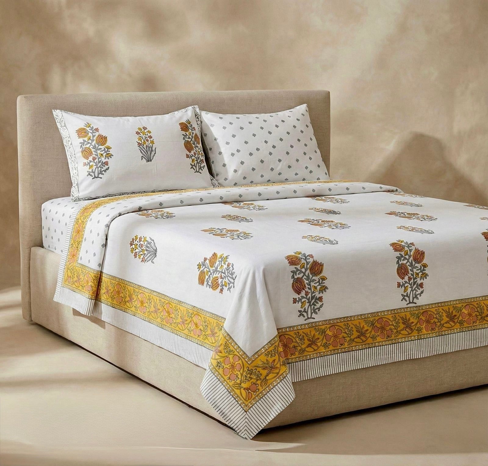 Pure cotton hand-block printed super king size double bedsheets with 2 pillow covers (108x108 inches)