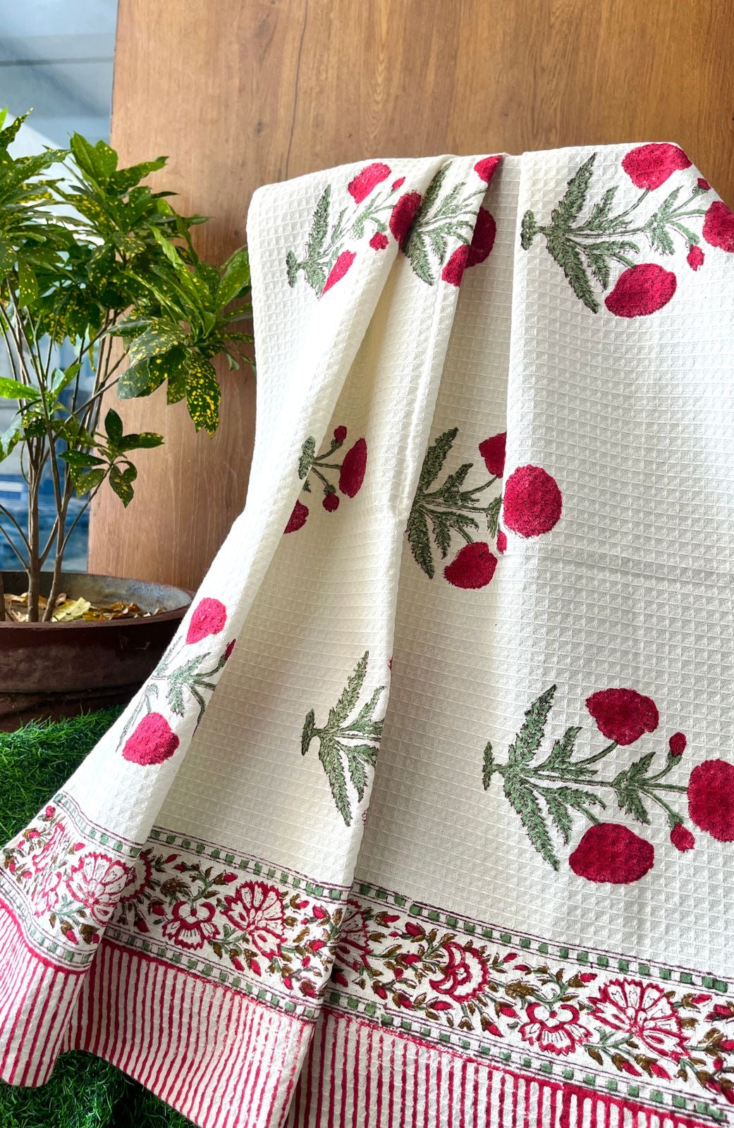 Pure cotton, hand-block printed waffle textured luxury bath towel