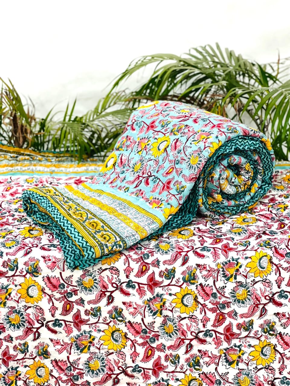 Pure mulmul cotton handblock printed single reversible quilt (razai 60x90 inches)
