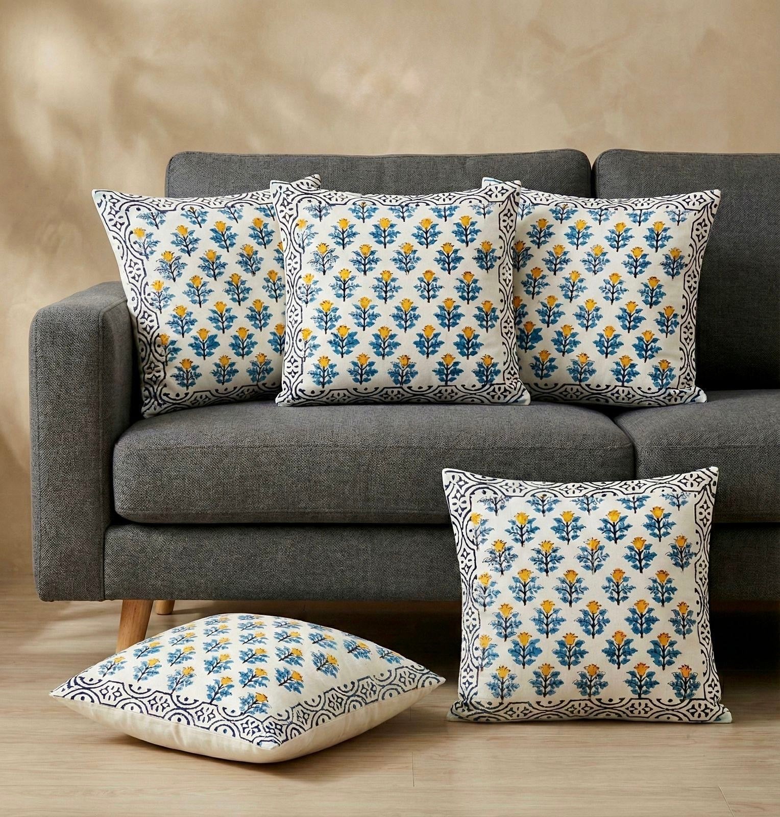 Pure cotton hand-block printed set of 5 cushion covers (16x16 inches)