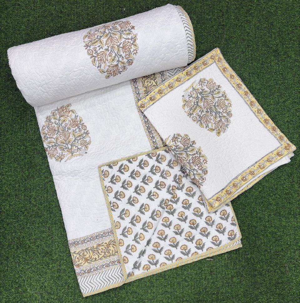 Pure mulmul cotton paani jaal quilted bedcovers with 2 quilted pillow covers for king size beds (90x108 inches)