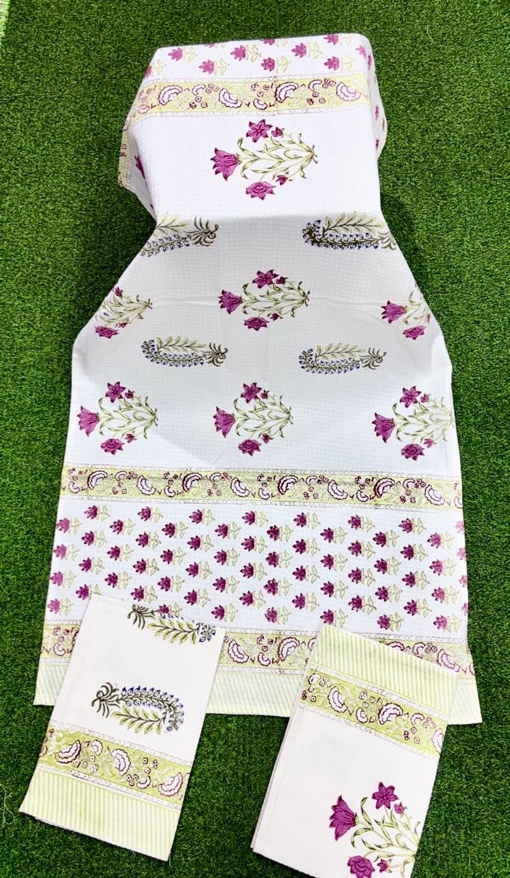 Pure cotton waffled textured hand-block printed bath combos (1 bath and 2 hand towels)
