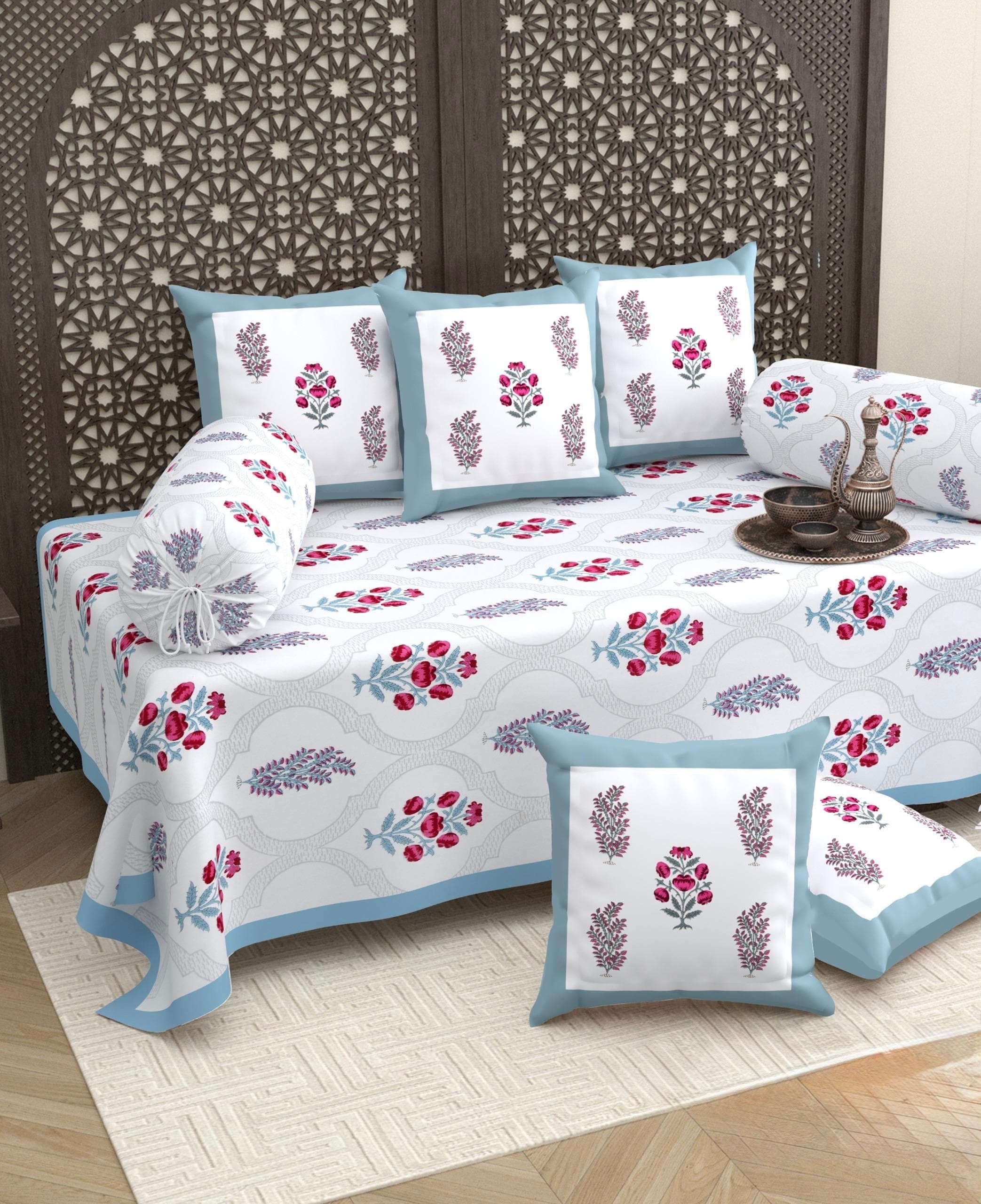 Pure cotton hand block printed 8 piece traditional diwan set (70x100 inches)