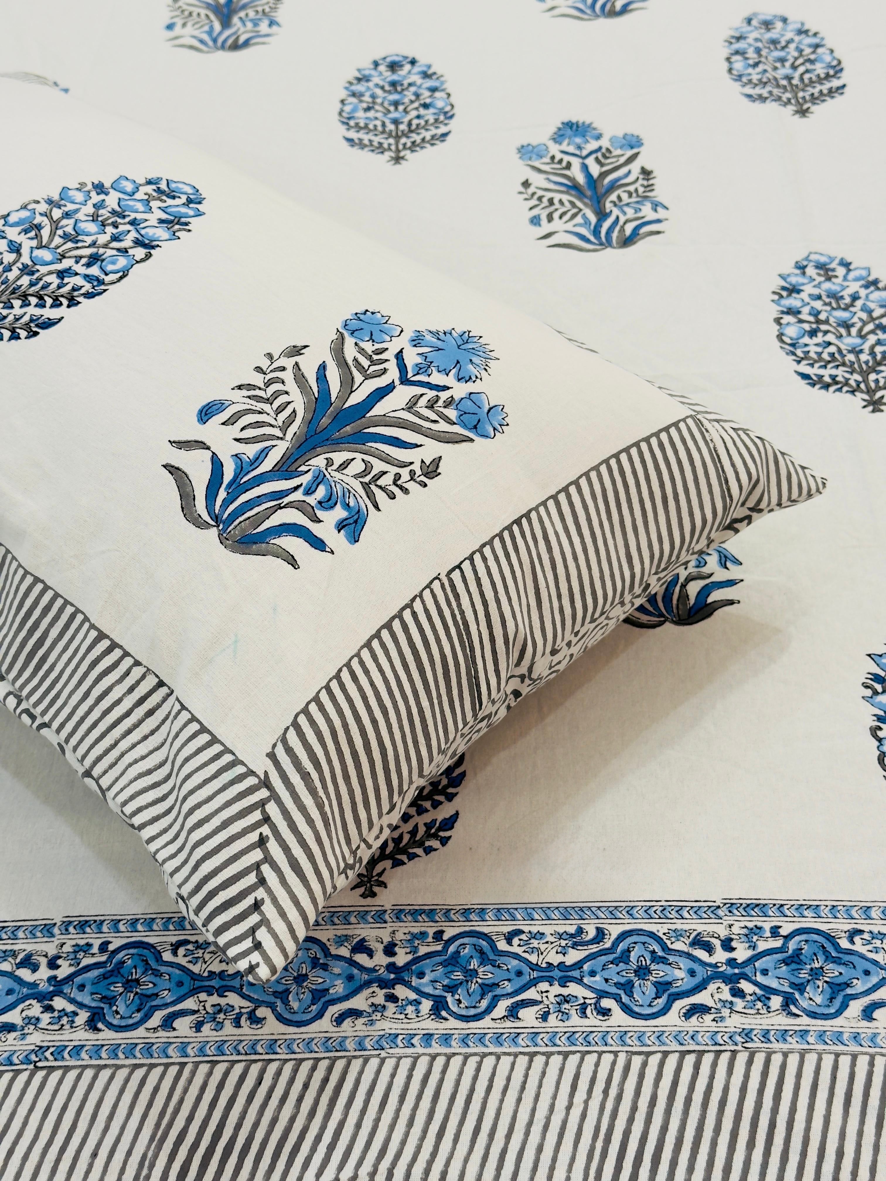 Pure cotton handblock printed king size bedsheet with 2 pillow covers (100x108 inches)