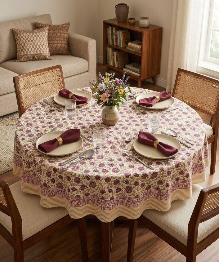 Pure cotton hand-block printed table cover for 4 seater dining table / centre table (60 inches diameter)