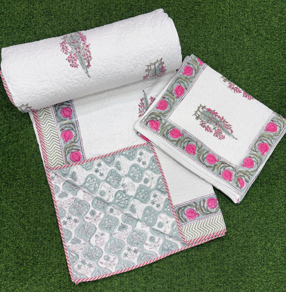 Pure mulmul cotton paani jaal quilted bedcovers with 2 quilted pillow covers for king size beds (90x108 inches)