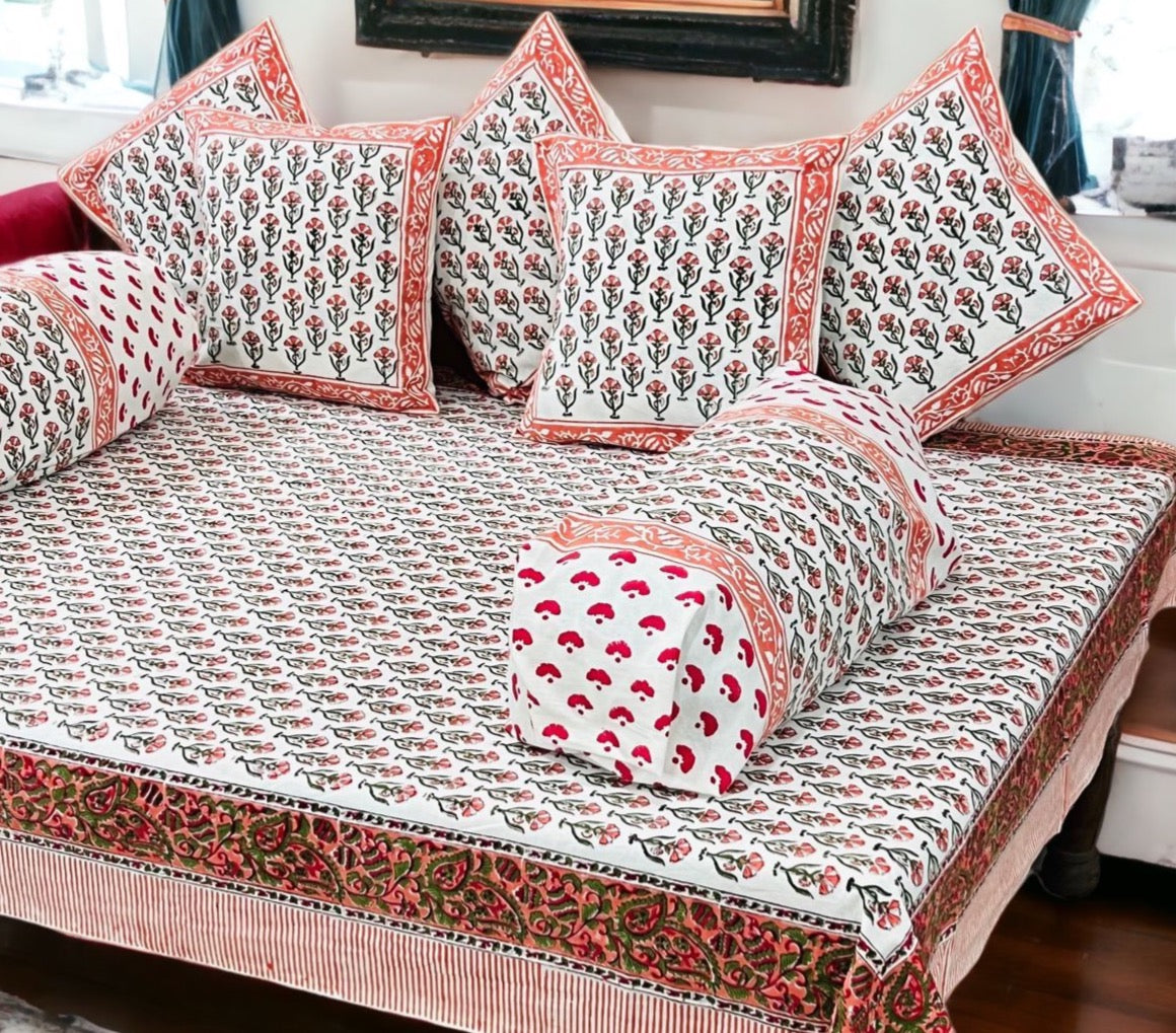 Pure cotton hand block printed 8 piece traditional diwan set (70x100 inches)