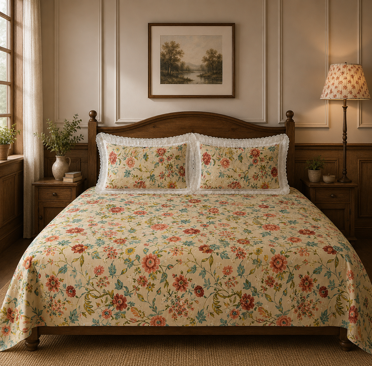 Pure cotton super king size bedsheets with 2 laced pillow covers (108x108 inches/9x9 feet)
