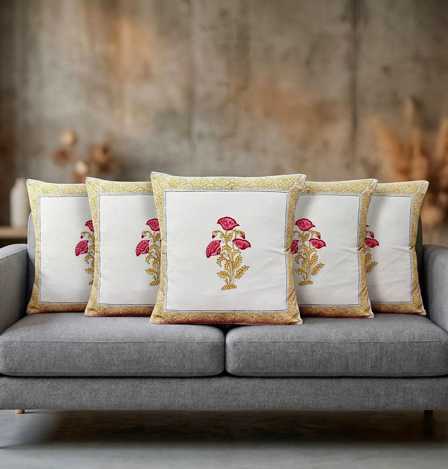 Pure cotton hand-block printed set of 5 cushion covers (16x16 inches)