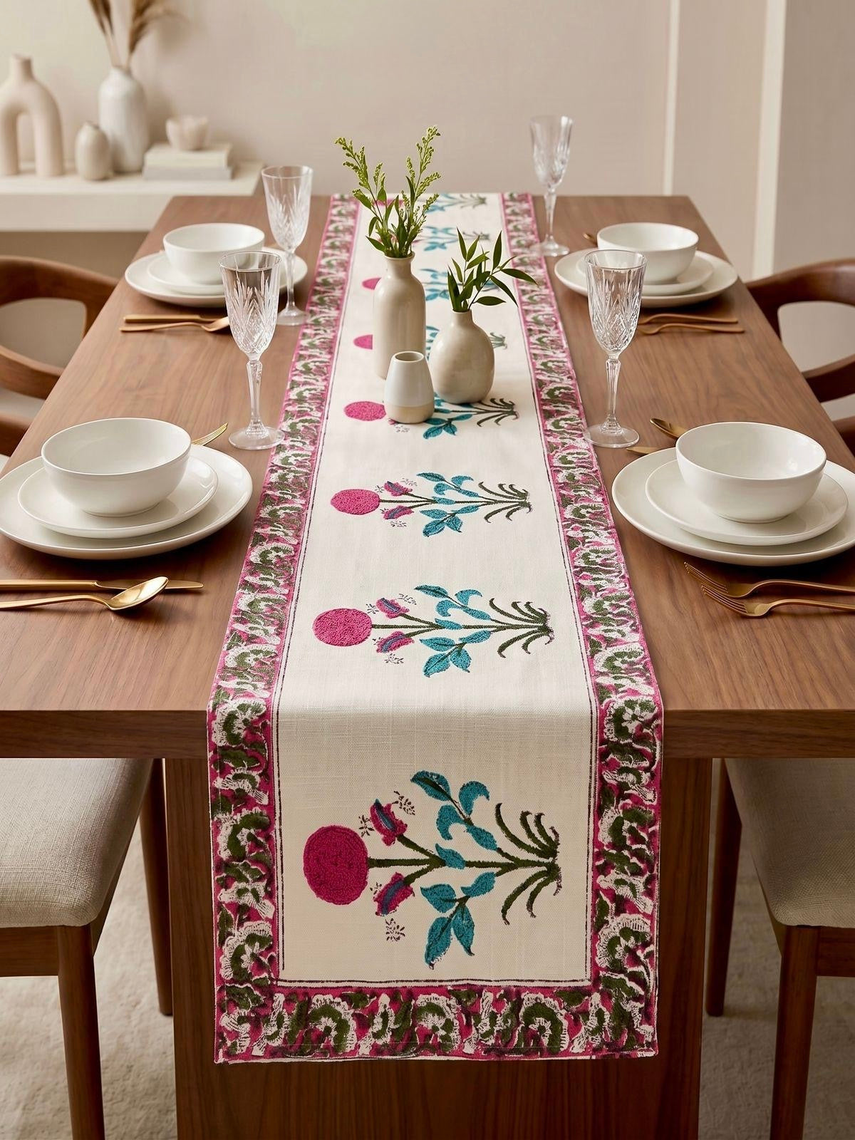 Pure cotton jute textured hand-block printed table runners 6 seater dining tables