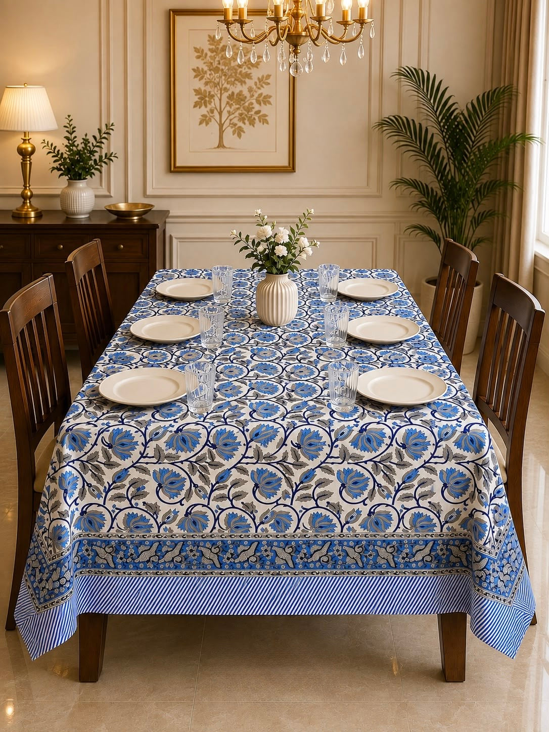 Pure cotton hand-block printed table cover for 6 seater table 60x90 inches