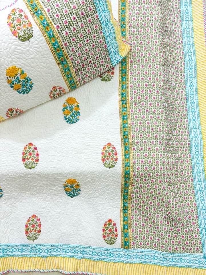 Pure mulmul cotton paani jaal quilted bedcovers with 2 quilted pillow covers for king size beds (90x108 inches)