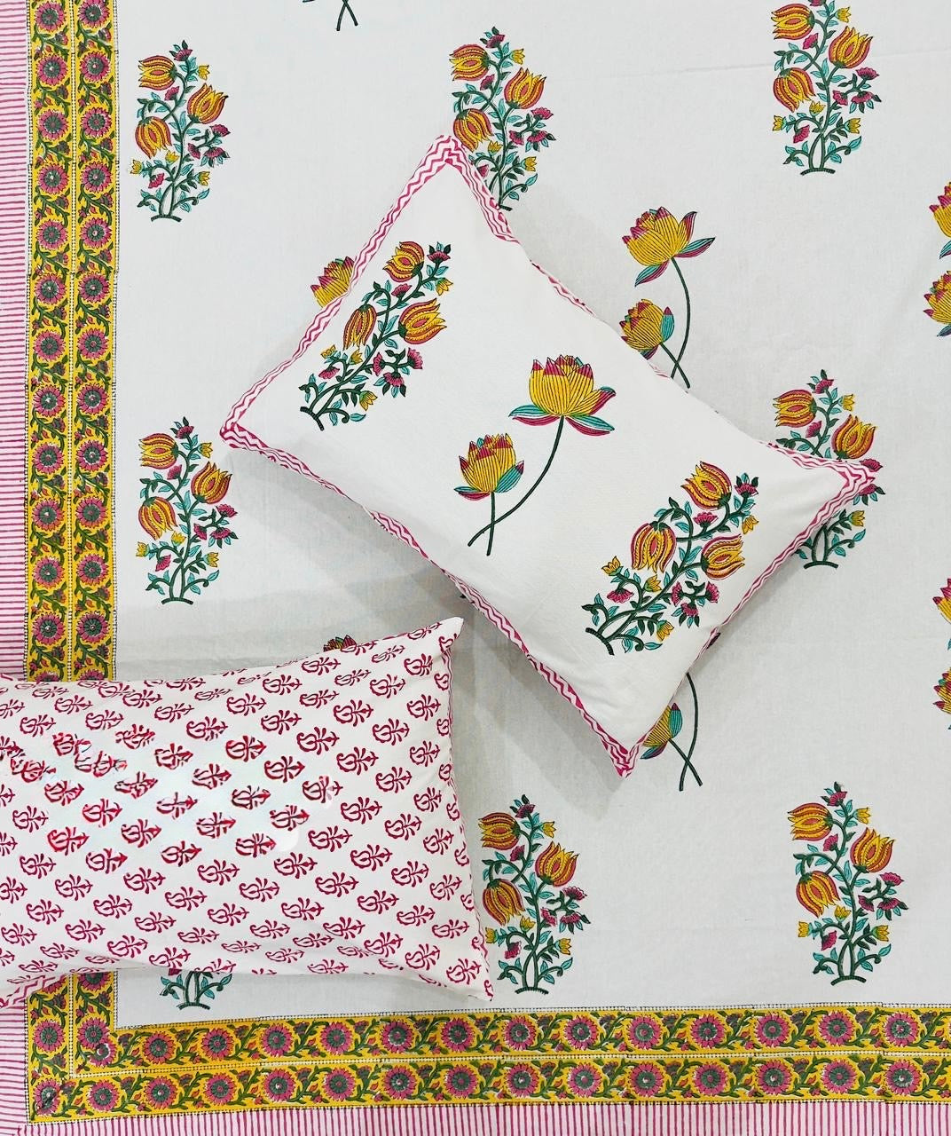 Pure cotton hand-block printed super king size double bedsheets with 2 pillow covers (108x108 inches)