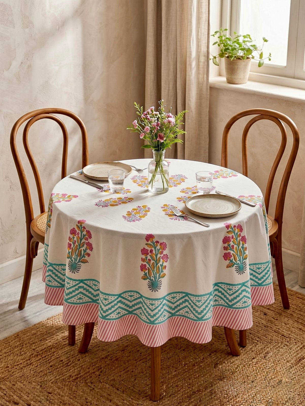 Pure cotton hand-block printed 2 seater round coffee table covers