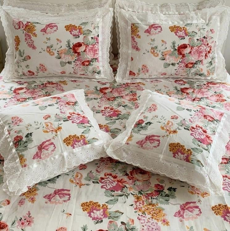 Pure cotton 5 piece bedding sets with 2 laced pillow covers and 2 laced cushion cover (108x108 inches)