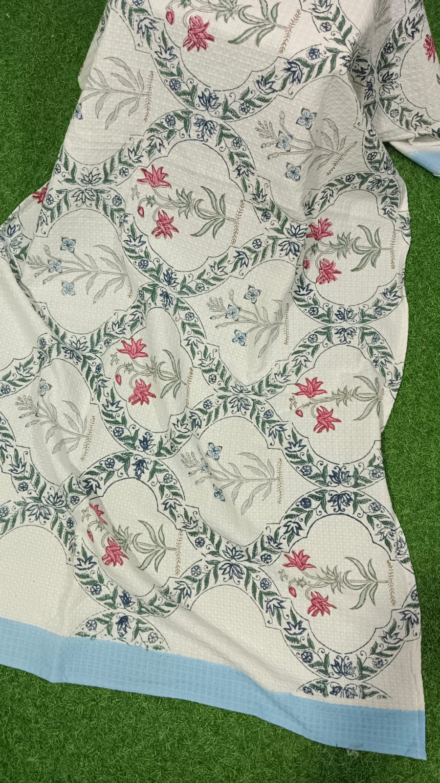 Luxury pure cotton, hand-block printed waffle textured bath towel
