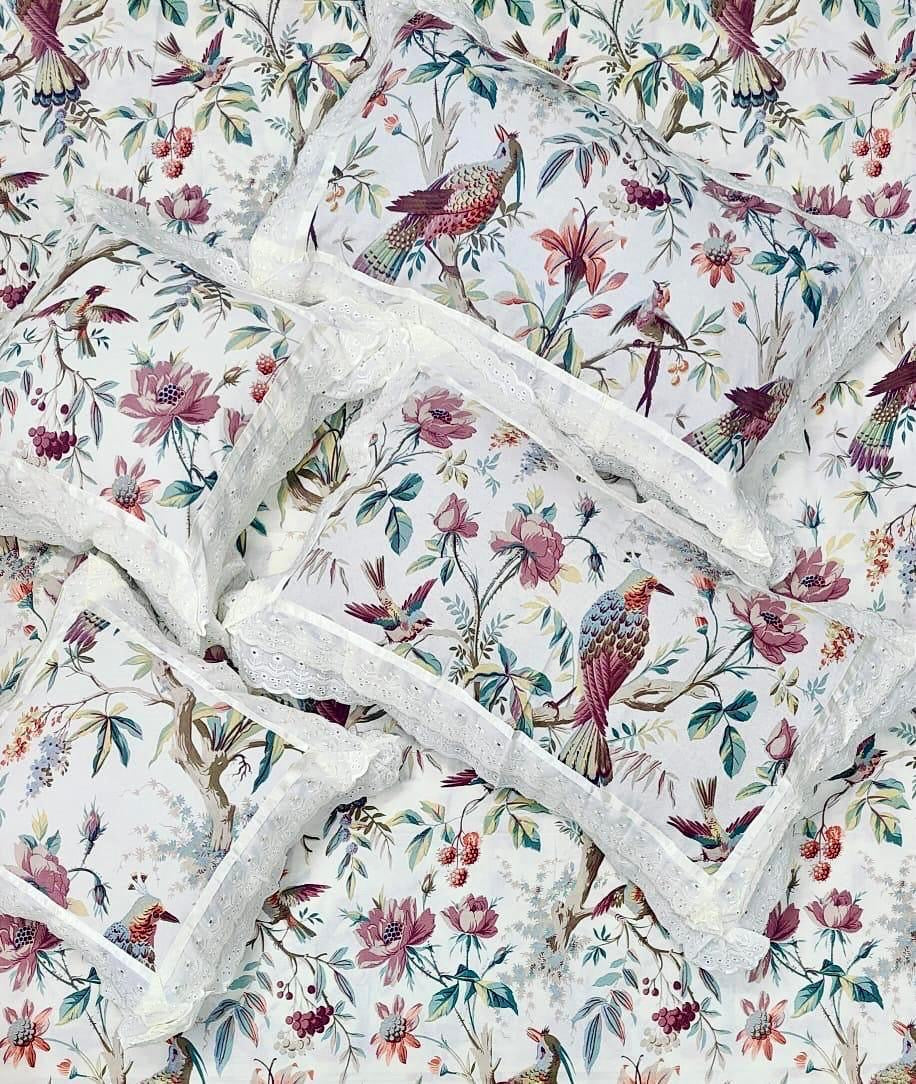 Pure cotton 5 piece bedding sets with 2 laced pillow covers and 2 laced cushion cover (108x108 inches)