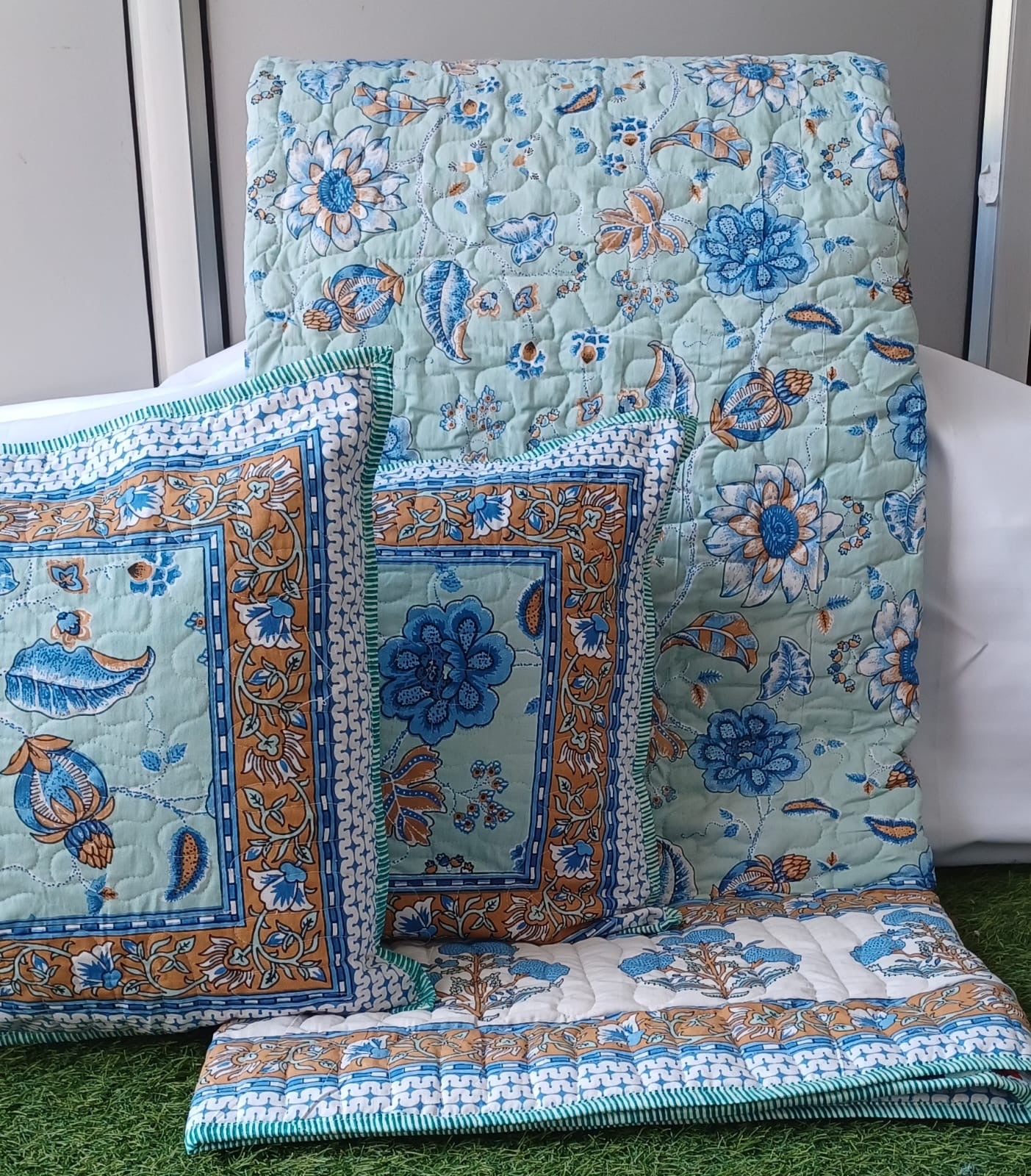 Pure cotton paani jaal quilted reversible double bedcovers with 2 quilted pillow covers (90x108 inches)