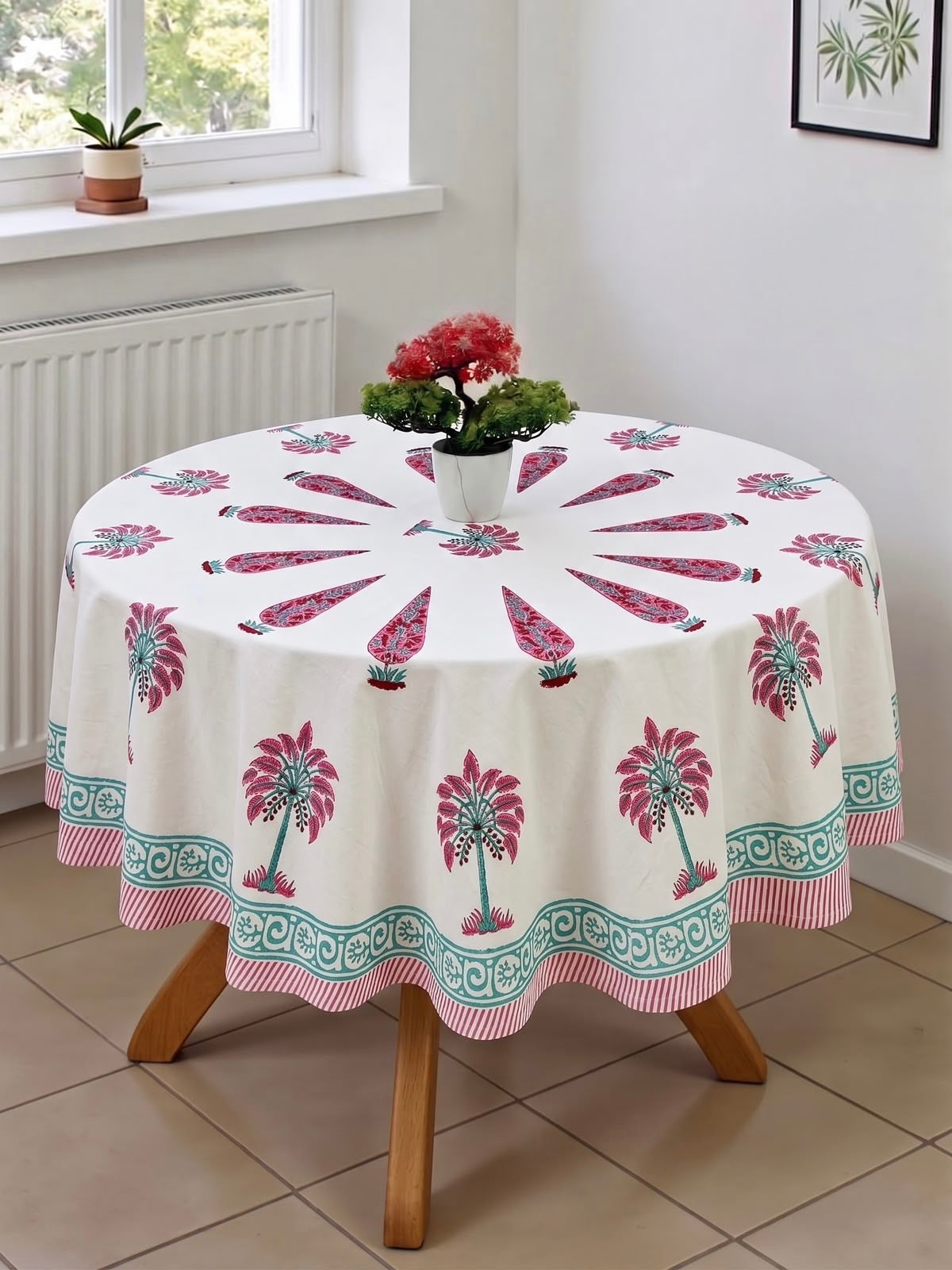 Pure cotton hand-block printed table cover for 4 seater dining table / centre table (60 inches diameter)