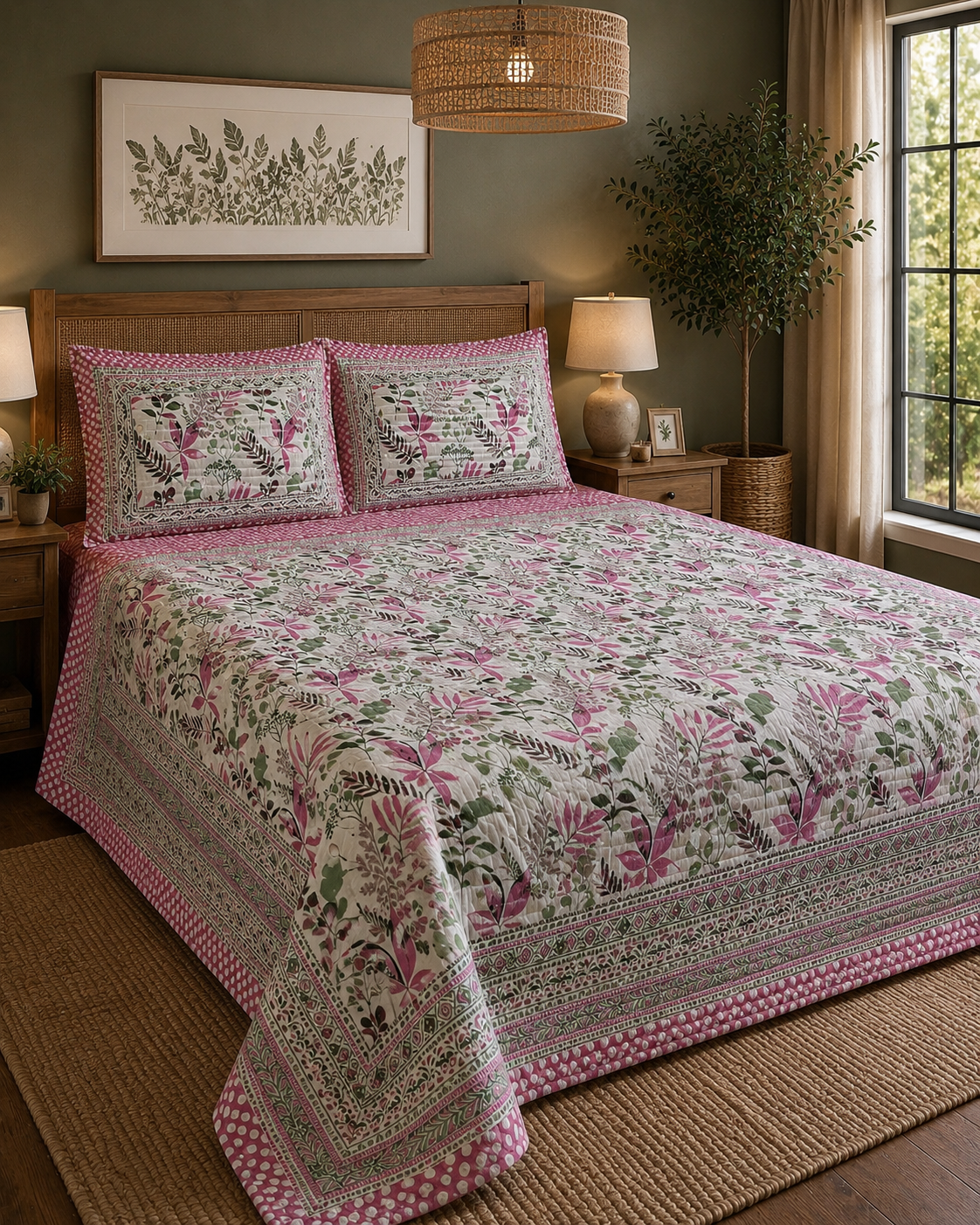 Pure cotton king size bedsheets with 2 quilted pillow covers (100x108 inches)