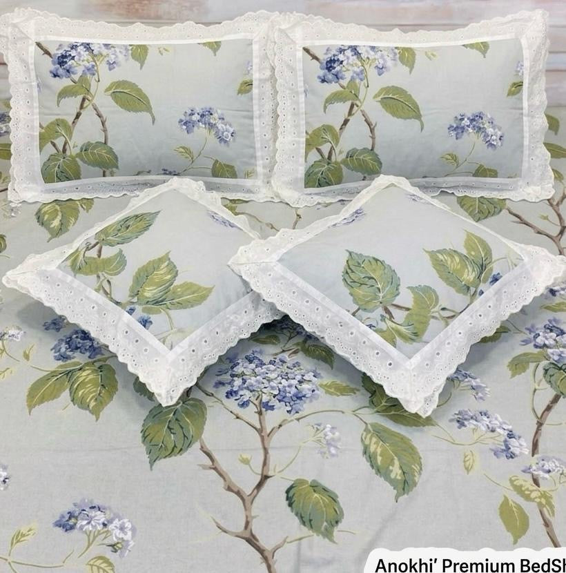 Pure cotton 5 piece bedding sets with 2 laced pillow covers and 2 laced cushion cover (108x108 inches)